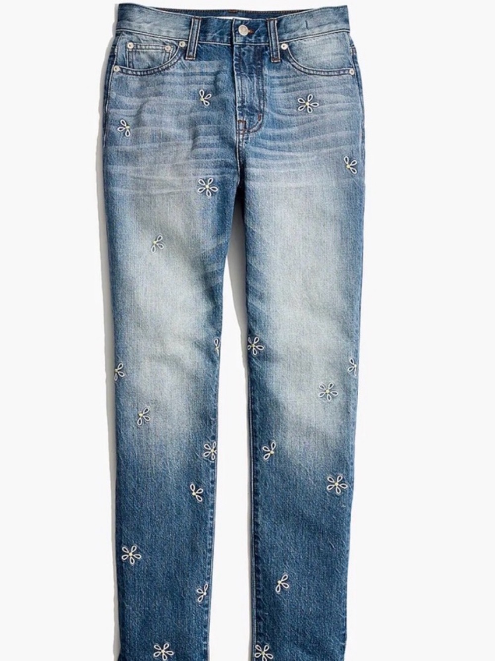 Madewell Light Blue Skinny Jeans with White Floral Embroidery
